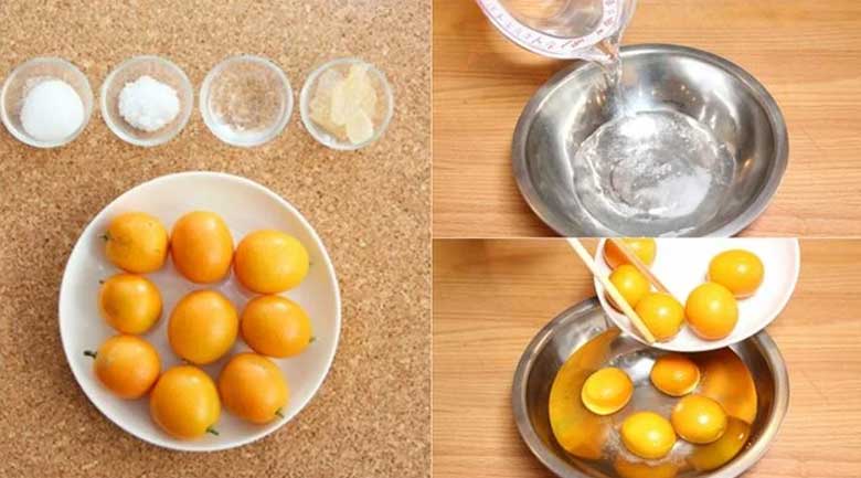 Cách làm mứt tắc dùng nước vôi trong và phèn chua: Ngâm tắc với muối