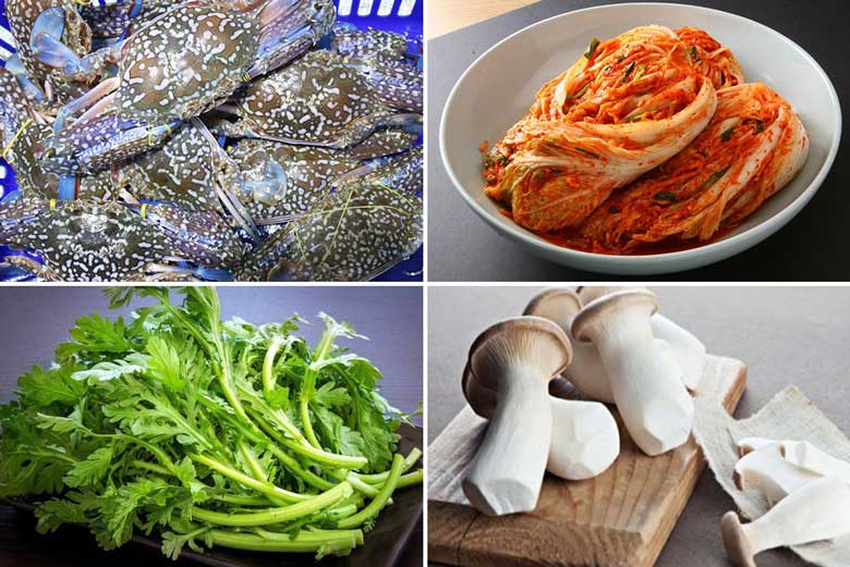 Nguyên liệu chuẩn bị làm lẩu ghẹ kim chi