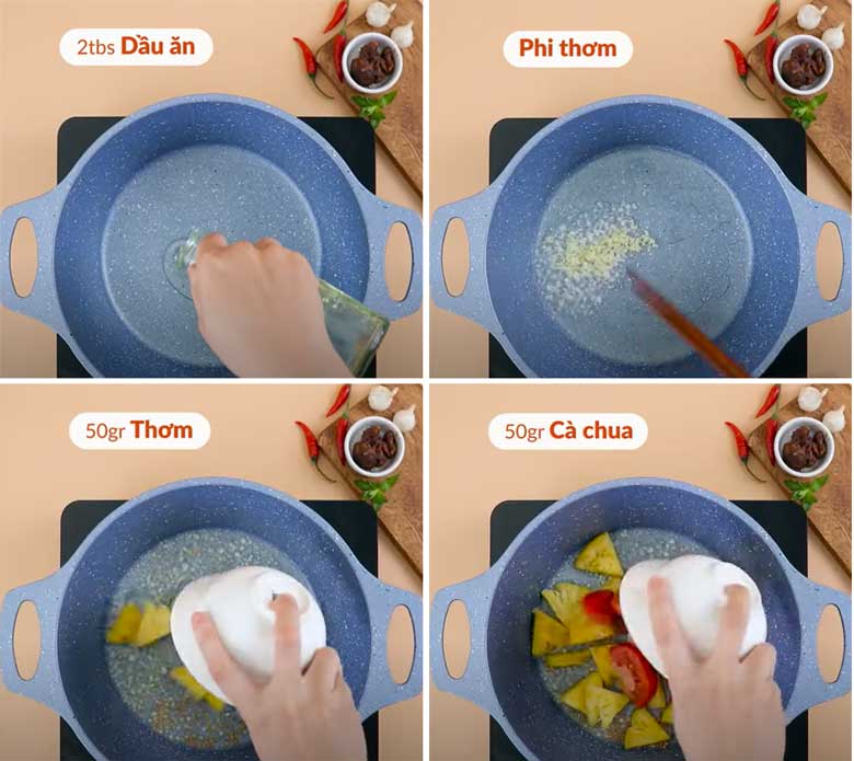 Cách nấu lẩu tôm càng xào dứa và cà chua