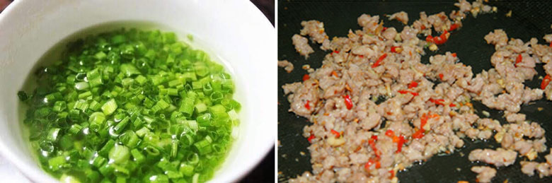 Cách làm món cà tím nướng mỡ hành thịt bằm làm mỡ hành và xào thịt băm