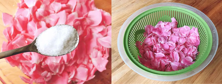 Cách làm mứt hoa hồng ướp thấm mật hương: Ngâm nước muối rồi để ráo
