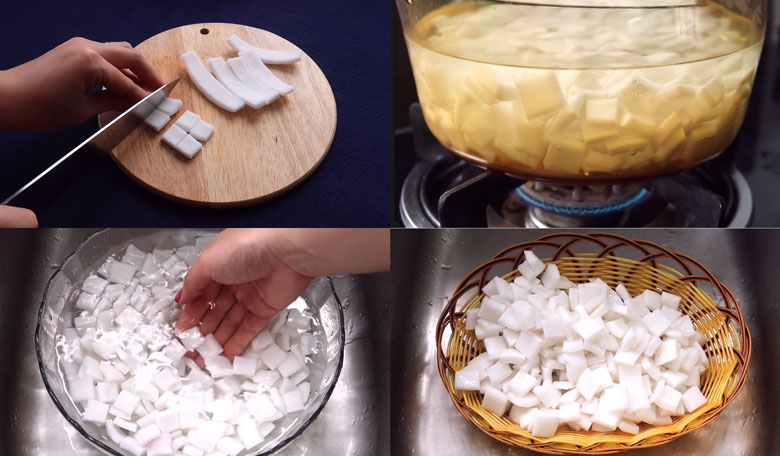 Cách làm mứt dừa màu xanh lam: Sơ chế dừa