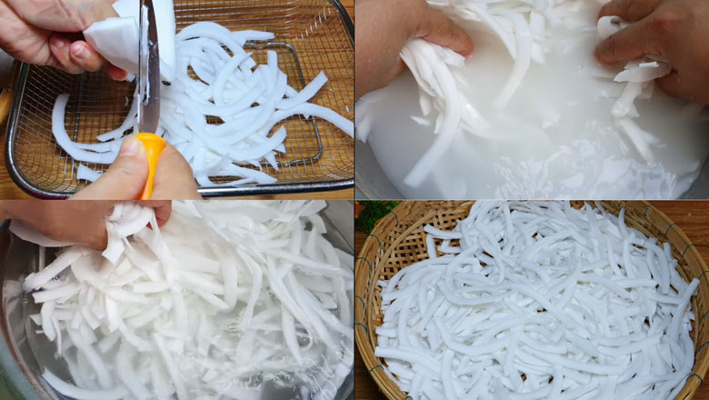 Cách làm mứt dừa màu xanh lá dứa: Sơ chế dừa