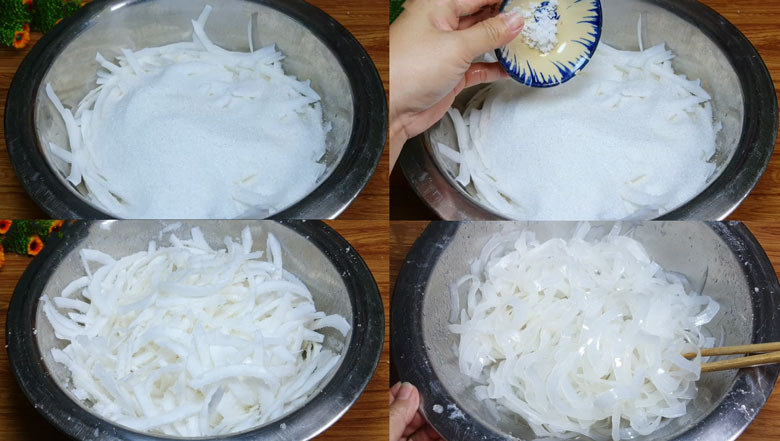 Cách làm mứt dừa màu xanh lá dứa: Ướp đường