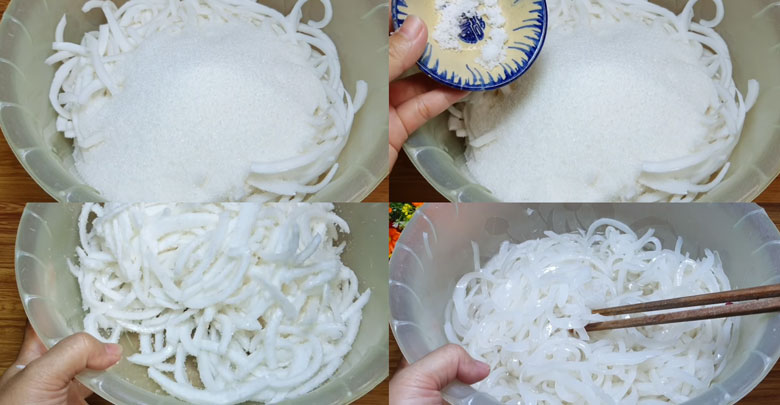 Cách làm mứt dừa hoa đậu biếc: Ướp đường