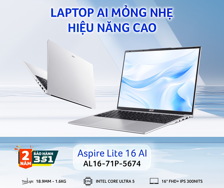 Laptop Acer Aspire Lite 16 AI AL16-71P-5674 mỏng nhẹ hiệu năng cao