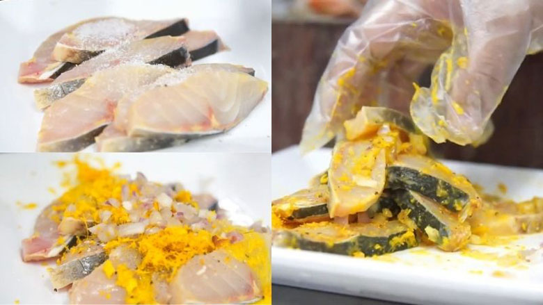 Thực hiện ướp cá tầm nướng lá lốt