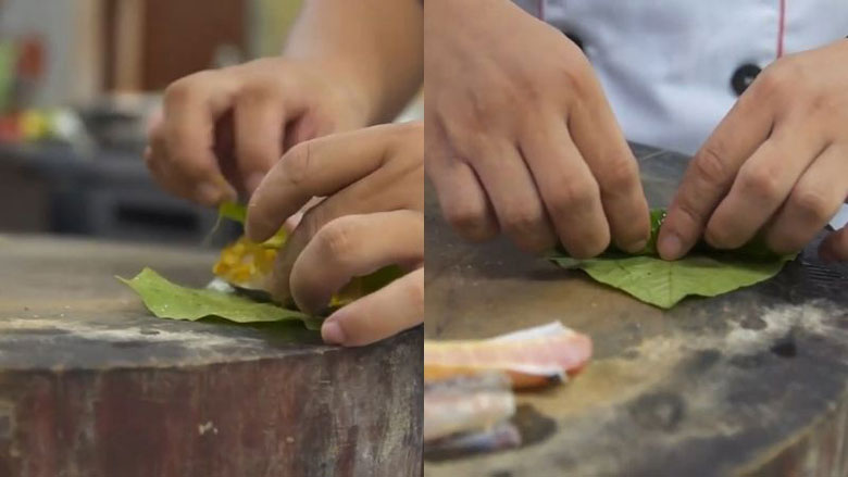 Cách làm cá tầm nướng lá lốt thực hiện cuốn lá lốt