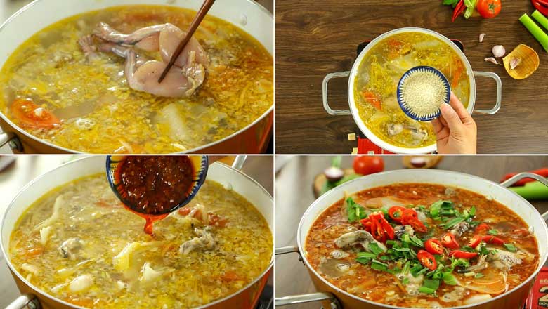 Cách làm món lẩu ếch măng chua thực hiện nấu nước lẩu rồi nêm nếm gia vị