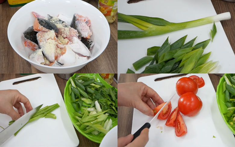 Lẩu đầu cá hồi măng chua sơ chế nguyên liệu
