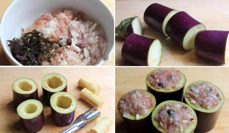 Cách làm cà tím nhồi thịt nướng trộn nguyên liệu và nhồi thịt trong cà tím