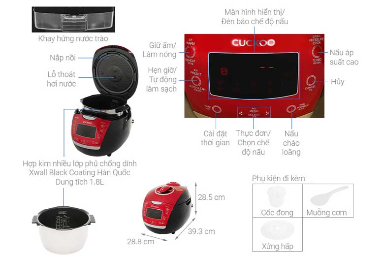 Nồi cơm áp suất điện tử cao tần Cuckoo 1.8L CRP-HUS1000F thiết kế hiện đại, bắt mắt.