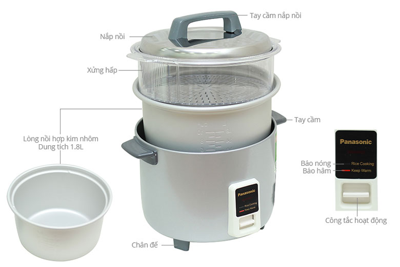 Nồi cơm điện Panasonic 1.8 lít SR-W18GSLRA thiết kế tiện dụng vừa nấu cơm vừa hấp thực phẩm.
