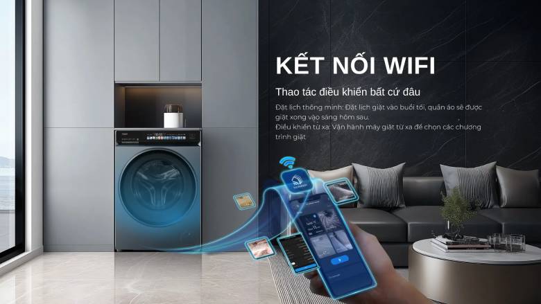 Kết nối WiFi - Điều khiển qua ứng dụng Haismart -  Máy giặt sấy Aqua Inverter giặt 10 kg - sấy 6 kg AWD10-BP4377U1L(GN) 