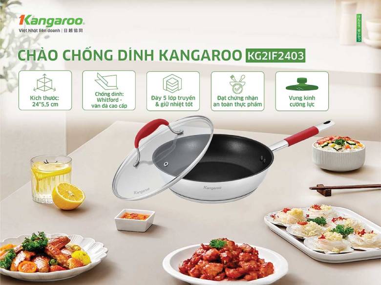 Chảo inox chống dính Kangaroo KG2IF2403 thiết kế tiện lợi