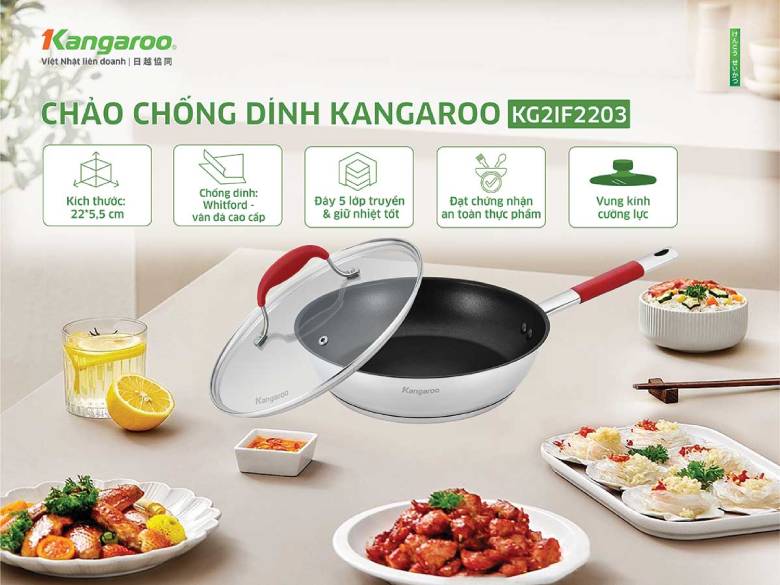  Chảo inox chống dính Kangaroo KG2IF2203 - Thiết kế tiện lợi, phù hợp mọi nhu cầu nấu ăn