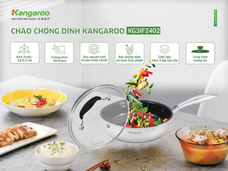 Chảo inox chống dính Kangaroo KG3IF2402 thiết kế Đáy nguyên khối
