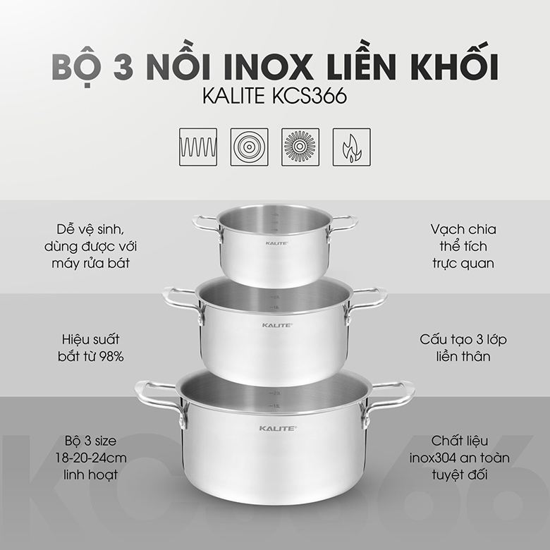 Thiết kế tinh tế - Bộ 3 nồi inox Kalite KCS366