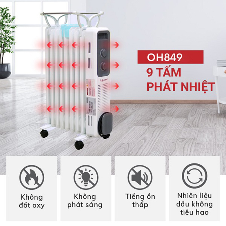 Máy sưởi dầu FujiHome OH849 công suất lớn toả nhiệt mạnh
