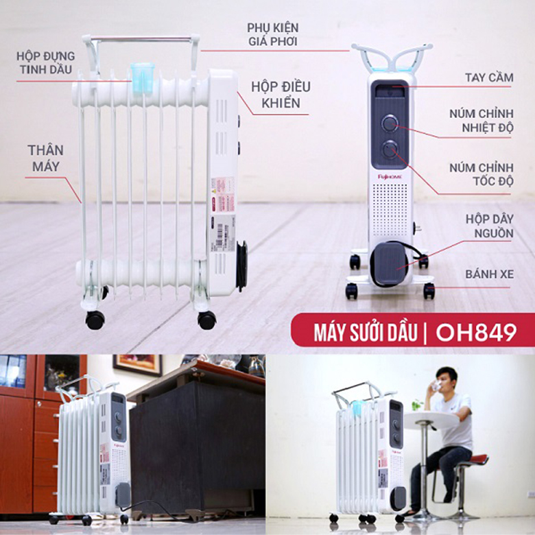 Máy sưởi dầu 9 thanh FUJIHOME OH849 mang đến thiết kế phù hợp cho mọi không gian