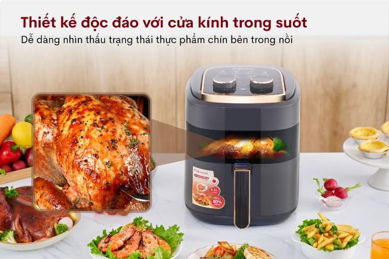  Nồi chiên không dầu Fujihome A5GG 5.5 Lít - Nồi được trang bị mặt kính chịu lực phía trước
