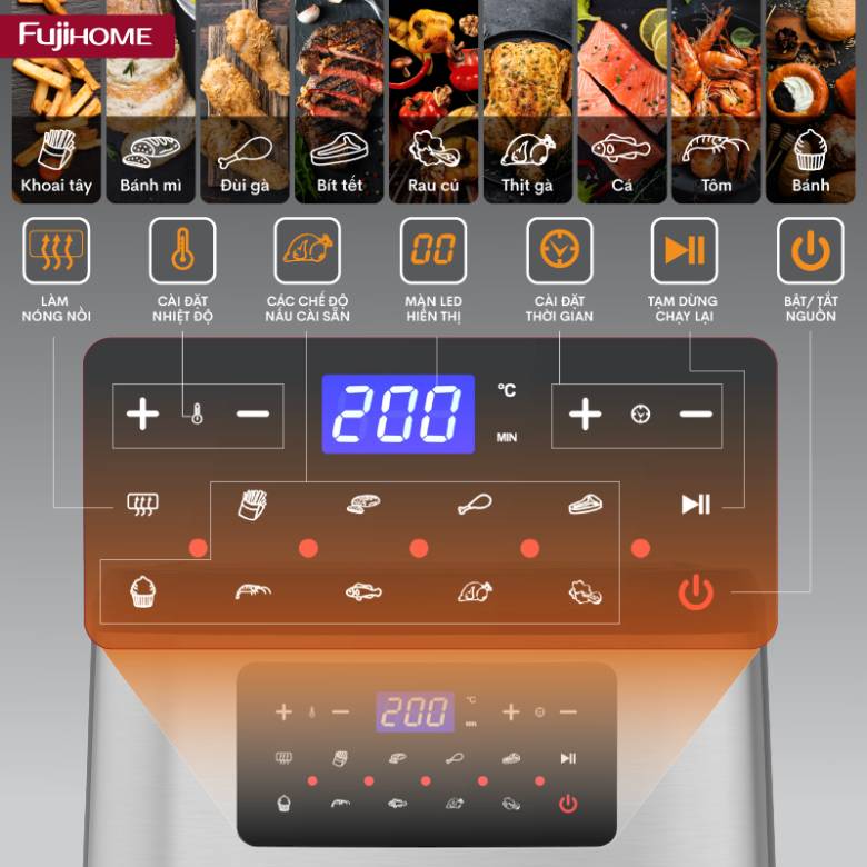 Nồi chiên không dầu Fujihome A7D 8 Lít - Bảng điều khiển điện tử