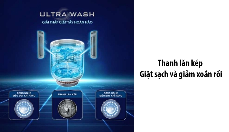 Máy giặt Toshiba có thanh lăn kép giảm xoắn rối quần áo