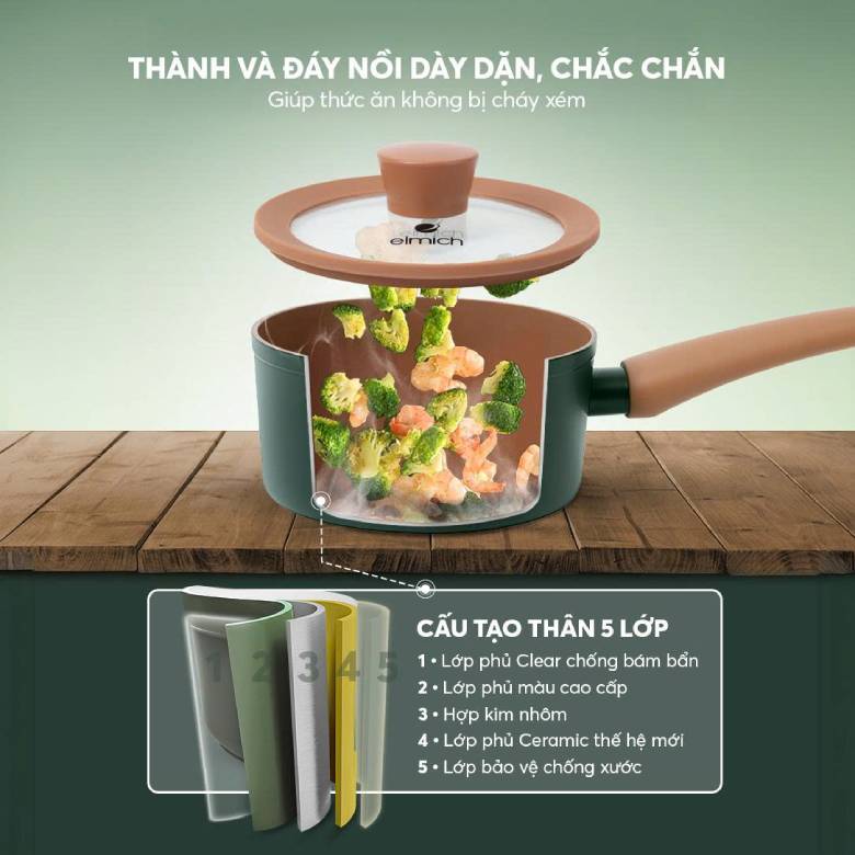  Quánh chống dính ceramic Elmich Harmony EL 540PT16 - Cấu tạo thành và đáy dày dặn