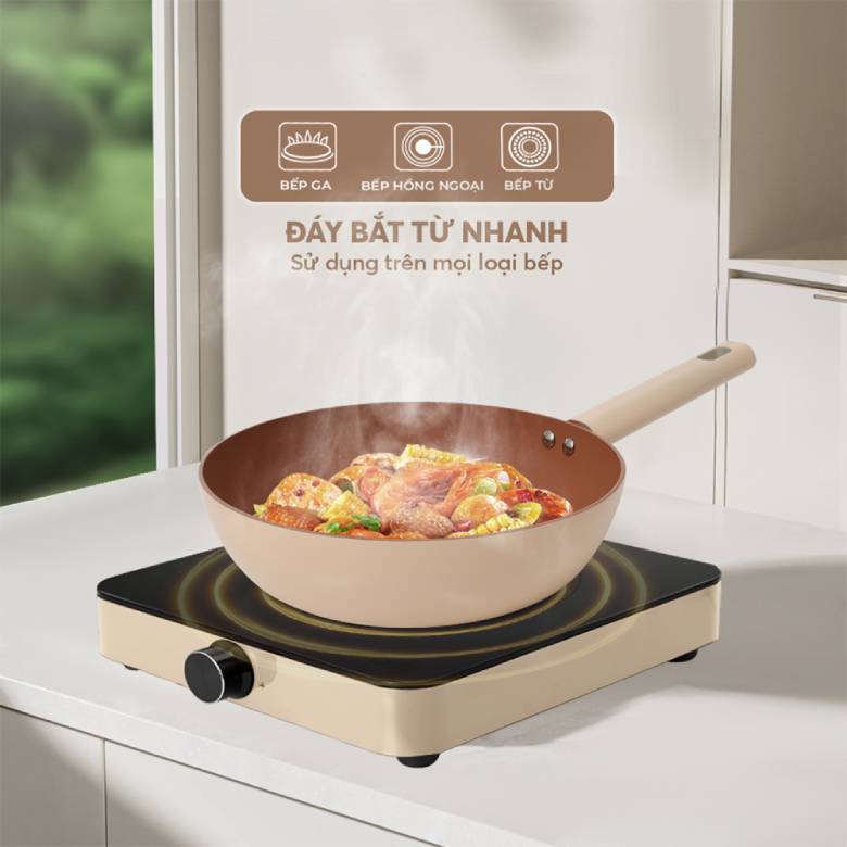 Chảo chống dính Ceramic Elmich Mocha EL5982MC26 Size 26cm - Đáy từ bắt nhanh