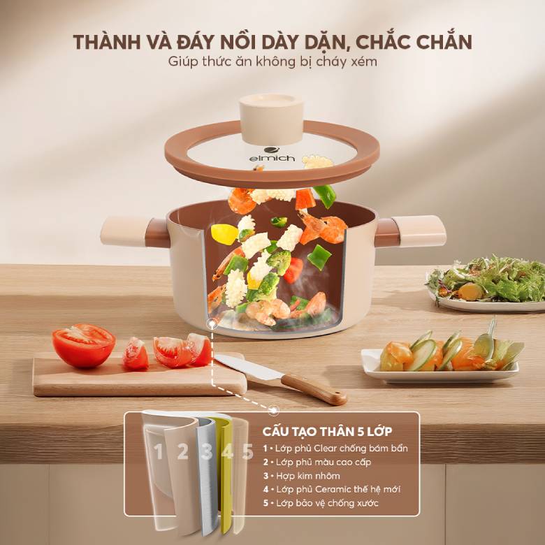 Nồi chống dính Ceramic Elmich Mocha EL5539MC24 Size 24cm - Cấu tạo dày dặn