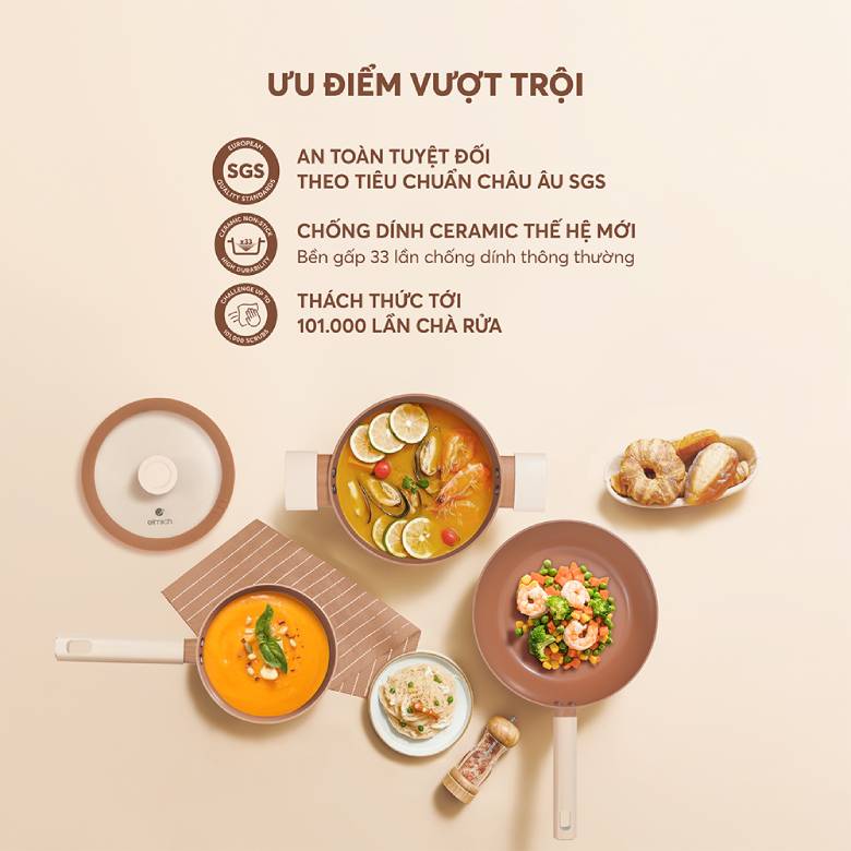 An toàn tuyệt đối theo tiêu chuẩn Châu Âu SGS - Bộ nồi chống dính Ceramic Elmich Mocha EL5243MC04