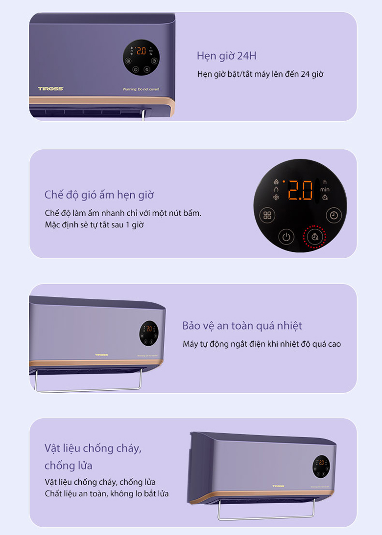 Sưởi nhà tắm treo tường PTC Tiross TS9294 tích hợp nhiều tính năng