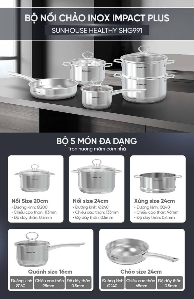  Bộ nồi chảo inox Sunhouse SHG991