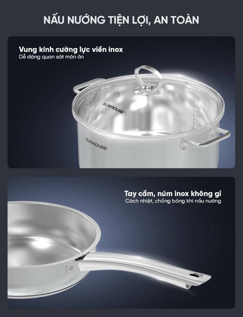 Tay cầm và núm vung inox chắc chắn -  Bộ nồi chảo inox Sunhouse SHG991