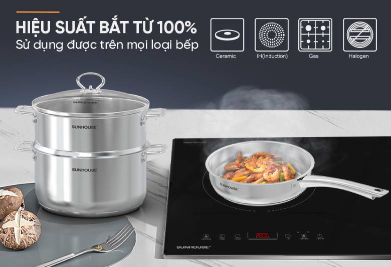 Tương thích mọi loại bếp -  Bộ nồi chảo inox Sunhouse SHG991