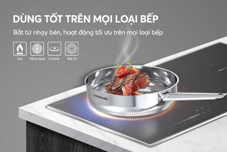 Chảo Inox 304 Sunhouse Healthy IN28M9 - Tương thích mọi loại bếp