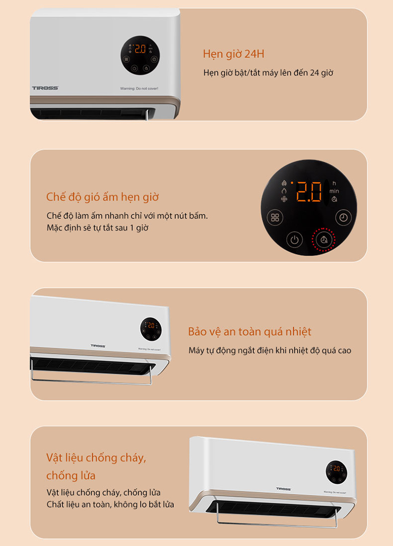 Sưởi nhà tắm treo tường PTC Tiross TS9293 tích hợp nhiều tính năng