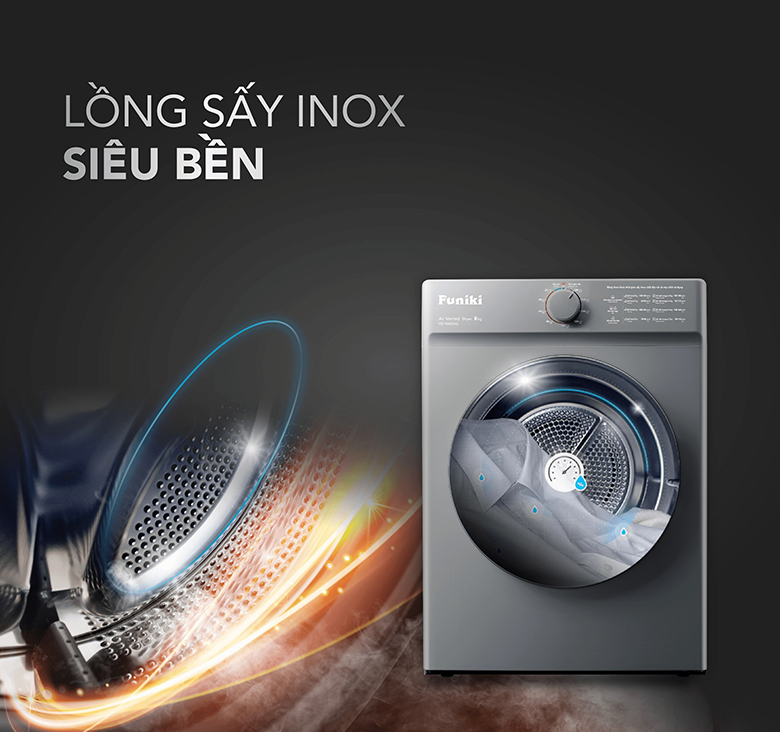 Thiết kế lồng sấy inox bền bỉ - Máy sấy thông hơi Funiki 8kg HD V680AG