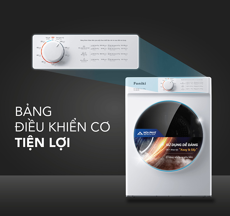 Bảng điều khiển cơ dễ dùng - Máy sấy thông hơi Funiki 8kg HD V680AW
