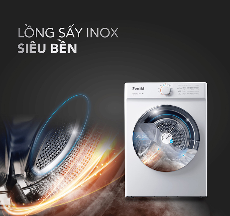 Thiết kế lồng sấy inox - Máy sấy thông hơi Funiki 8kg HD V680AW