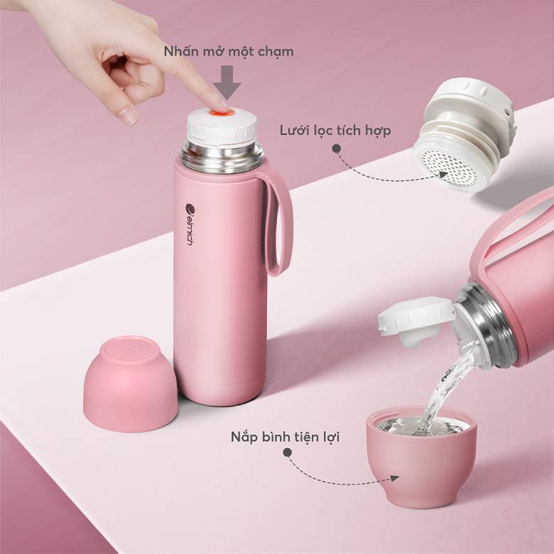 Bình giữ nhiệt inox 316 Elmich EL8306PK 500ml - Mở nắp nhanh chỉ với một chạm