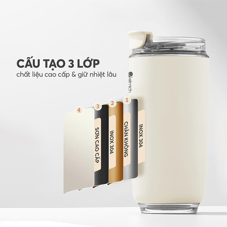 Cấu tạo 3 lớp - Cốc giữ nhiệt inox 304 Elmich EL8300W dung tích 420ml (màu trắng)