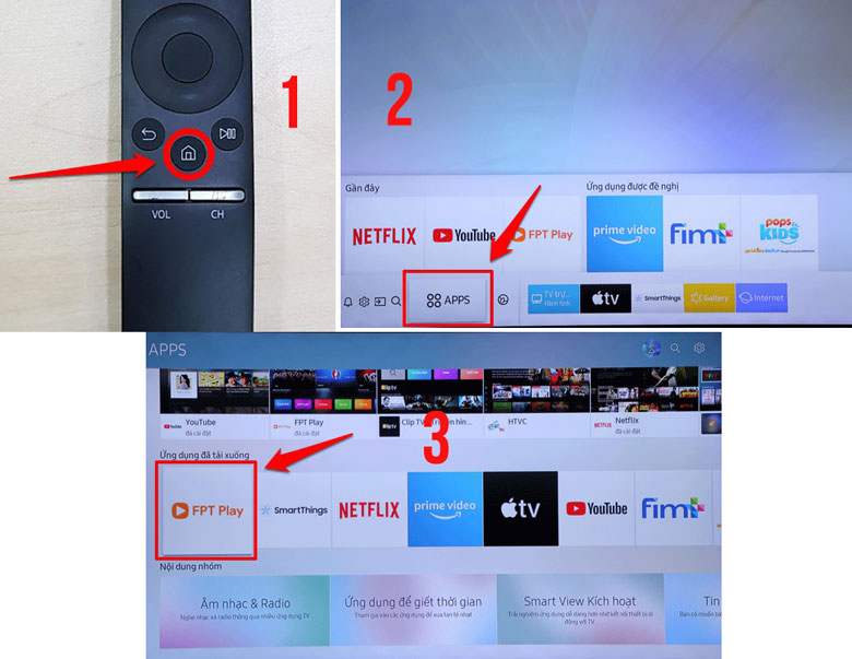 Cách xóa ứng dụng trên Tivi Samsung đầu tiên chọn nút "Home"