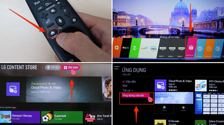 Tivi LG không vào được cài đặt thực hiện xoá và cài đặt lại nhấn vào biểu tưởng ngôi nhà trên điều khiển