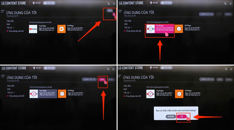 Tivi LG không mở được Youtube thực hiện xoá ứng dụng