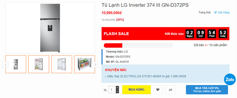 Tủ lạnh LG GN D372PS giá bao nhiêu tiền hiện nay