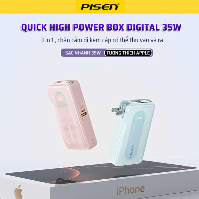  Sạc dự phòng PISEN QUICK High Power Box 35W 10000mAh Dominator LT-DY04 Chân cắm AC gập gọn