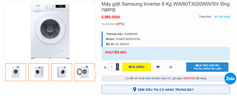 Máy giặt Samsung Inverter 8 kg WW80T3020WW có giá bao nhiêu?