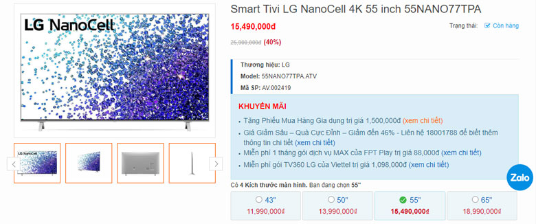 Smart Tivi Nanocell LG 4K 55 inch 55NANO77TPA khi nhắc đến giá
