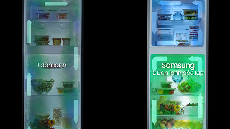 Công nghệ 2 dàn lạnh độc lập duy trì độ ẩm tối ưu lên đến 70%, bảo quản rau củ quả tươi ngon gấp 2 lần